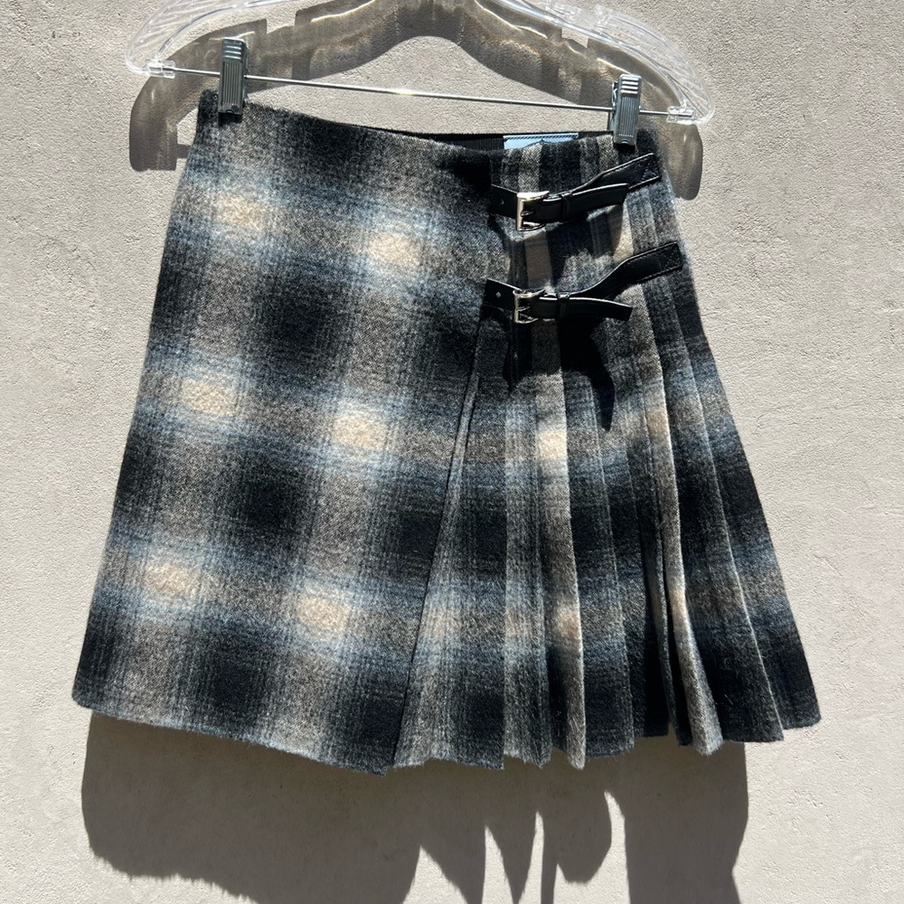 Prada blue and gray pleated plaid wool skirt